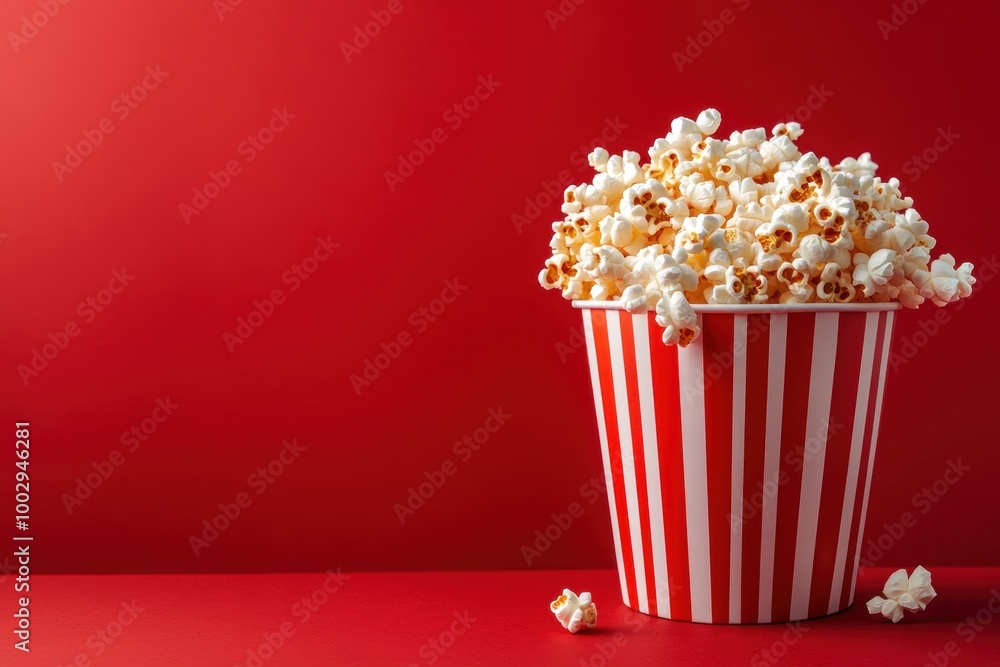 overflowing popcorn bucket against red background, perfect for movie night concept banner overflowing popcorn bucket against red background, perfect for movie night concept banner