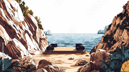 Beach concert with a makeshift stage on a rocky shore.,space for text,isolated on white background. Rocky Shore. Illustration photo