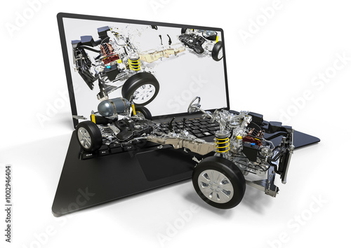 3D render image representing computer aided design of a car. In the image you can find a car with car parts on a laptop