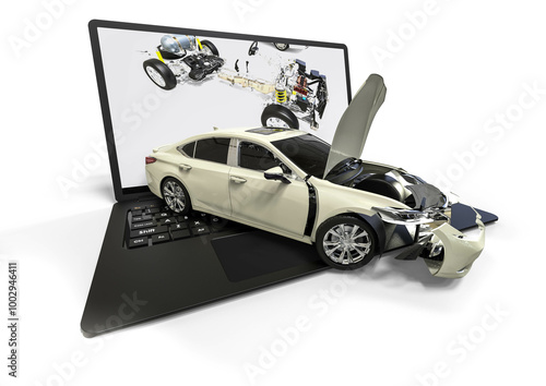 3D render image representing computer aided design of a car. In the image you can find a car with car parts on a laptop