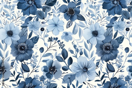 A blue and white floral pattern with flowers and leaves