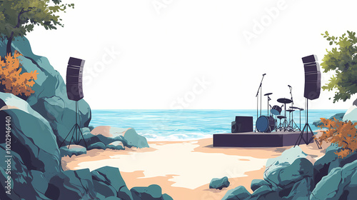 Beach concert with a makeshift stage on a rocky shore.,space for text,isolated on white background. Rocky Shore. Illustration photo