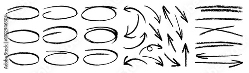 Rough charcoal arrows and strokes.Black charcoal ovals and arrows strokes.Set of design elements on white background.Rough charcoal arrows and strokes.Brush elements for notes and underlining in text.