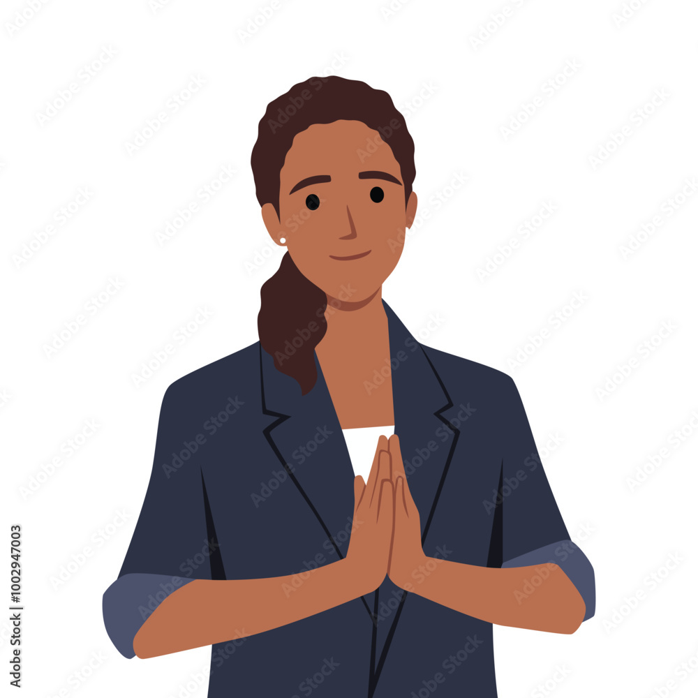 Woman gesturing traditional greeting. Flat vector illustration isolated on white background Woman gesturing traditional greeting. Flat vector illustration isolated on white background