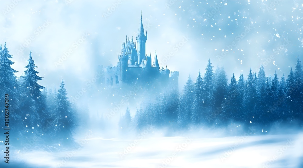 a winter scene with a castle in the background. The castle is surrounded by a dense forest of tall, snow-covered evergreen trees. The entire scene is enveloped in a bluish hue a winter scene with a castle in the background. The castle is surrounded by a dense forest of tall, snow-covered evergreen trees. The entire scene is enveloped in a bluish hue