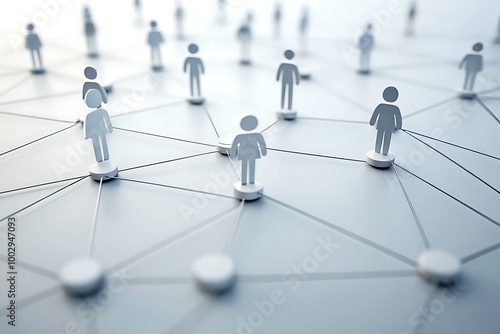 A connected network of people represented by small figures linked by lines, symbolizing communication, teamwork, and the interconnectivity of modern society.