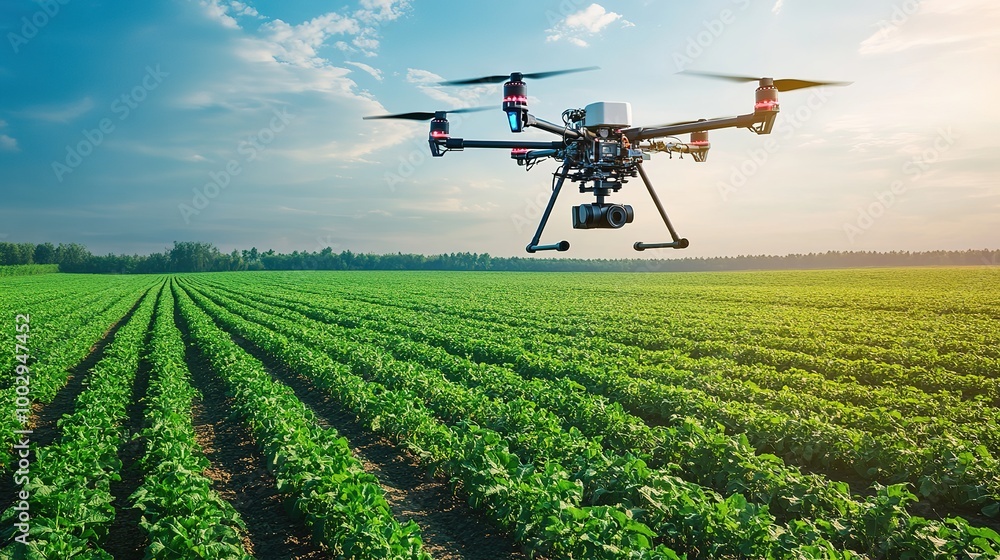 Hydrogen powered drone, large agricultural field, showcasing sustainable agricultural practices Hydrogen powered drone, large agricultural field, showcasing sustainable agricultural practices
