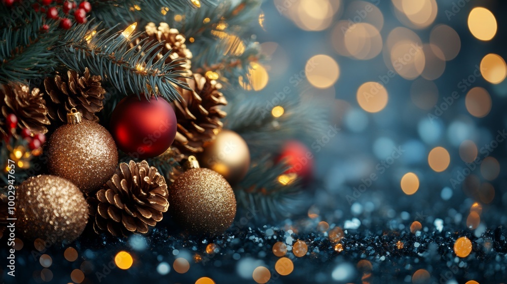 Christmas tree with red and golden baubles and lights bokeh background. Space for text. Copy space. Greeting card. Christmas tree with red and golden baubles and lights bokeh background. Space for text. Copy space. Greeting card.