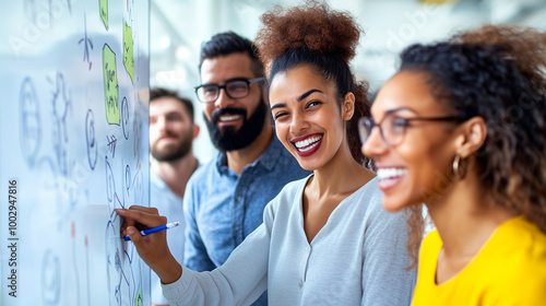 Multiracial Team Brainstorming Creative Ideas on Whiteboard, DEI and Collaboration in a Positive Business Environment, Problem Solving, Team Work, Ideas Sharing, Finding a Solution. photo