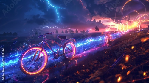 Bikes with luminous tires making shining trail of light in a spooky setting photo