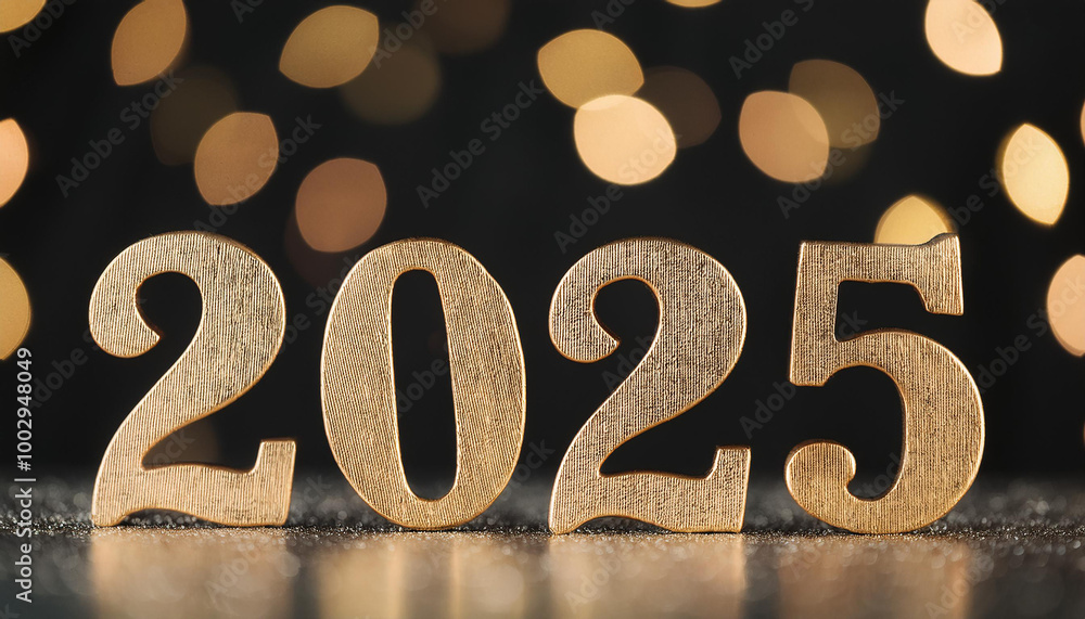 Golden number 2025 on black backdrop, Christmas light bokeh. New Year. Golden number 2025 on black backdrop, Christmas light bokeh. New Year.