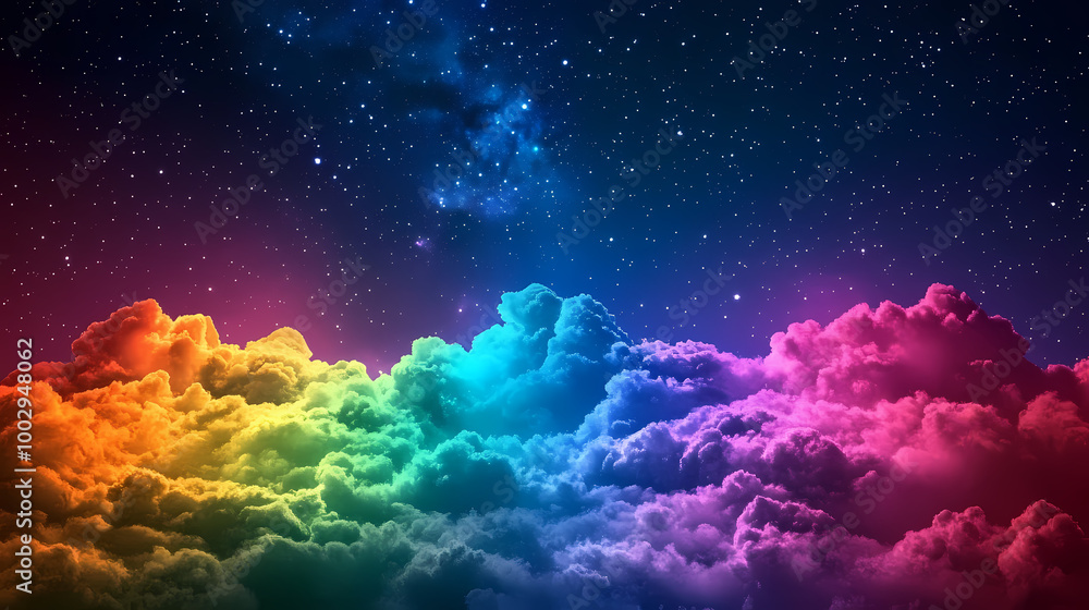 Obraz premium Cheerful starry night sky with rainbow colors fluffy clouds, mystical magical breathtaking. Starry Night Sky. Illustration