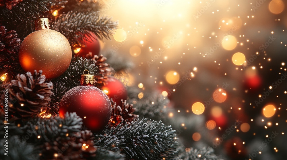 Christmas tree with red and golden baubles and lights bokeh background. Space for text. Copy space. Greeting card. Christmas tree with red and golden baubles and lights bokeh background. Space for text. Copy space. Greeting card.