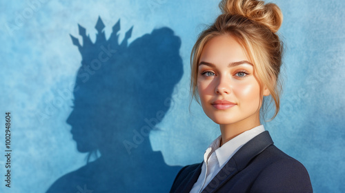 Confident Young Businesswoman Casting Shadow of a Queen with Crown, Symbolizing Leadership and Business Self-Assurance, Feminine Power, Strong Female Figure.