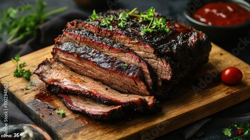 A beautifully cooked brisket on a wooden board, garnished with herbs and served with sauce.