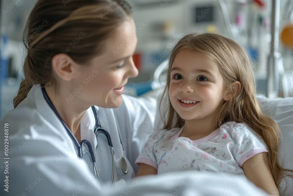 Young doctor taking care of little girl in hospital room, Generative AI Young doctor taking care of little girl in hospital room, Generative AI