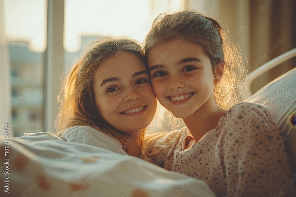 Daughter visiting mother in hospital after surgery. Emotional support from family for patients in hospital, Generative AI Daughter visiting mother in hospital after surgery. Emotional support from family for patients in hospital, Generative AI