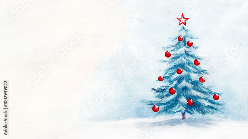 Merry Christmas and Happy New Year, Holiday Greeting Card with Christmas Blue and Green Tree Decorated with Red Balls, Cartoon Drawn Snowy Backgorund.