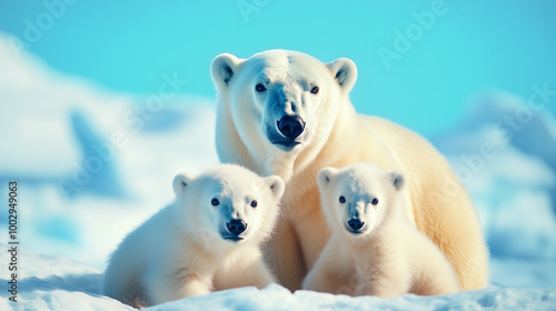 Polar Bear Family in the Snow, Mother Bear with Two Cubs, Wildlife Scene Under Blue Sky. 
