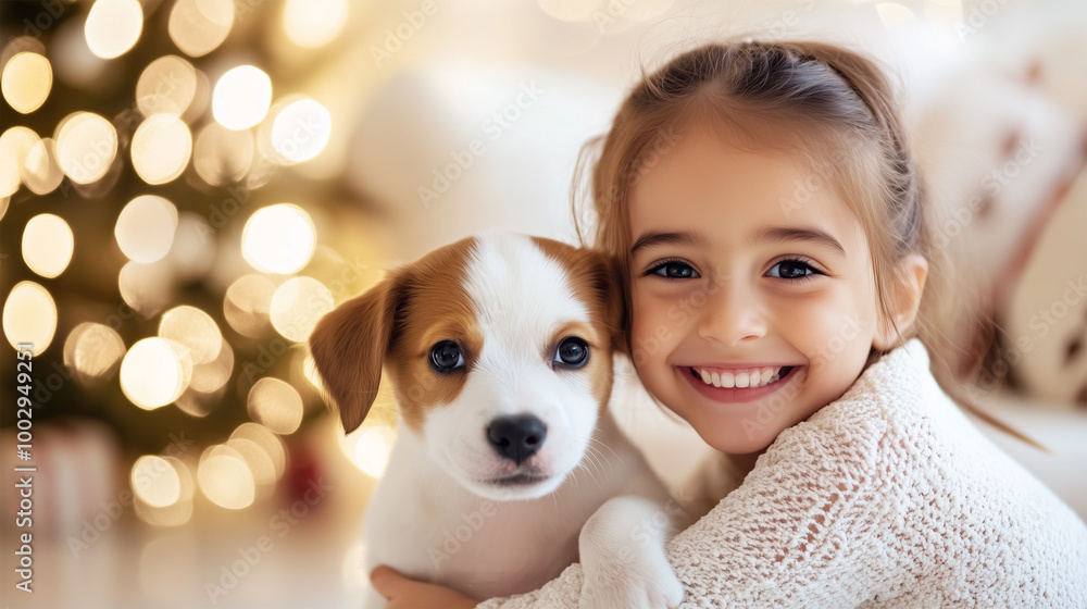 Cute Caucasian Girl with Puppy, Decorated Christmas Tree, Happy Child with Her Pet Friend, Jack Russell Terrier, Animal Lover. Cute Caucasian Girl with Puppy, Decorated Christmas Tree, Happy Child with Her Pet Friend, Jack Russell Terrier, Animal Lover.