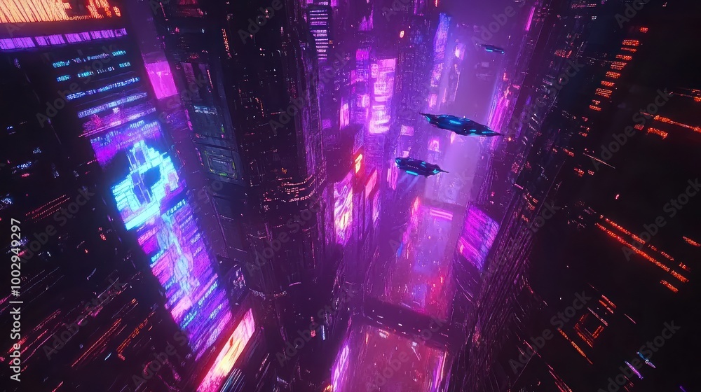 A vibrant, futuristic cityscape with neon lights and flying vehicles. A vibrant, futuristic cityscape with neon lights and flying vehicles.