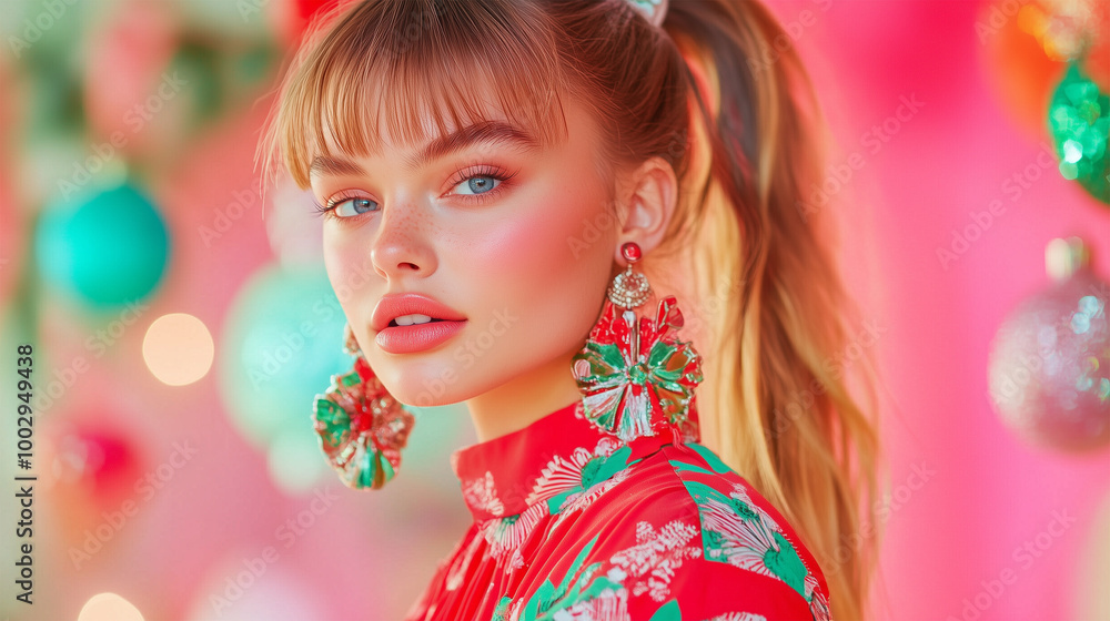 Chic Christmas Fashion Influencer in Retro 70s and 80s Inspired Outfit, Bold Red and Green Glam Style. Chic Christmas Fashion Influencer in Retro 70s and 80s Inspired Outfit, Bold Red and Green Glam Style.