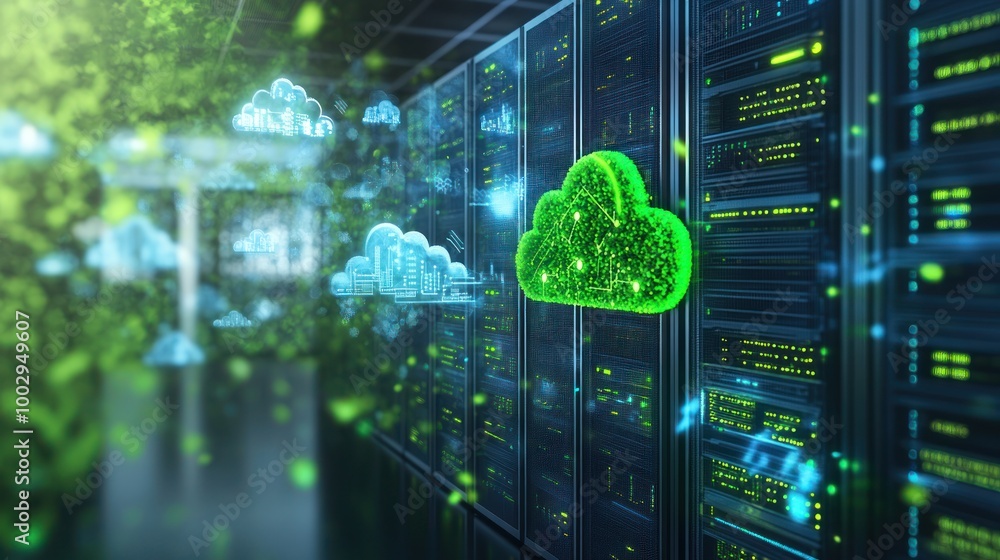 Digital representation of cloud computing with servers and green cloud symbols. Digital representation of cloud computing with servers and green cloud symbols.