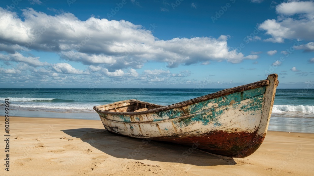 A weathered boat rests on a sandy beach under a blue sky with scattered clouds.