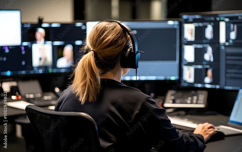Woman working in a video editing suite, surrounded by screens and editing software, creative process in a digital production environment Woman working in a video editing suite, surrounded by screens and editing software, creative process in a digital production environment