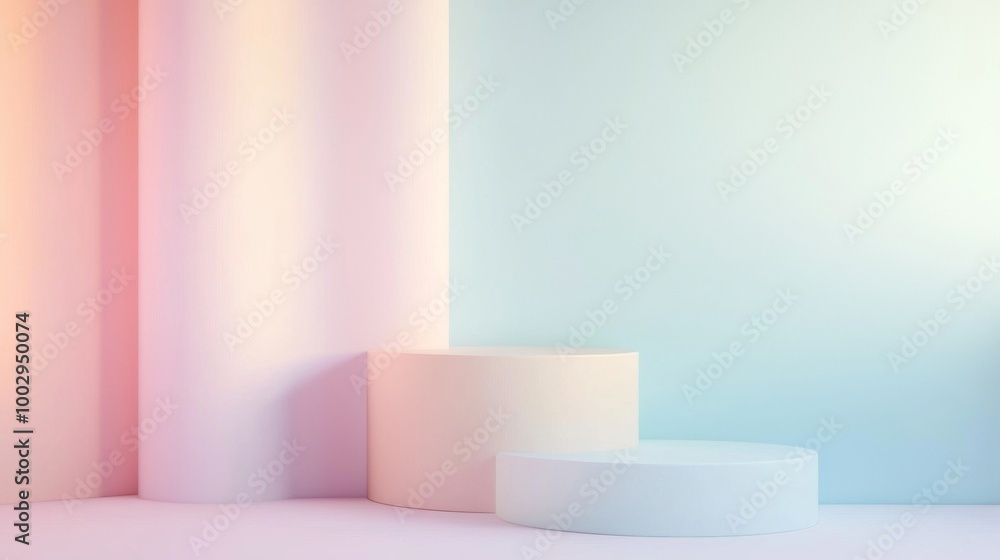 Two cylinder podiums displaying invisible products on a minimalist background with pastel colors, perfect for showcasing beauty or fashion items Two cylinder podiums displaying invisible products on a minimalist background with pastel colors, perfect for showcasing beauty or fashion items