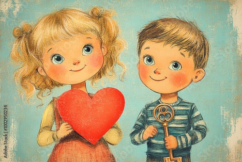 Cute little boy and girl holding big red heart on blue background.