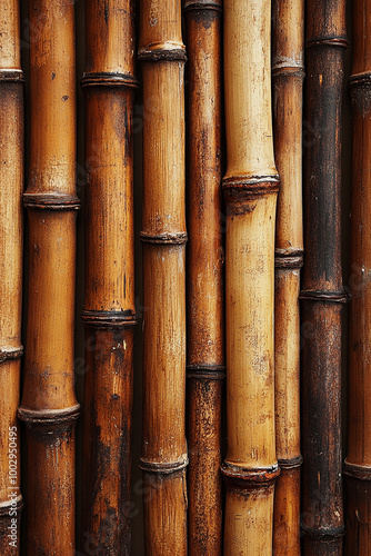 Bamboo wall background, bamboo texture, wooden background, brown color, close-up of bamboo sticks, simple composition