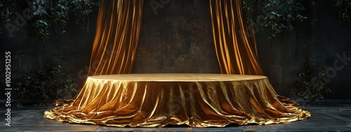 Podium background gold golden cloth silk curtain satin 3d yellow. Fabric box gold background podium product studio cover luxury beauty pedestal surprise stand stage mystery scene presentation empty