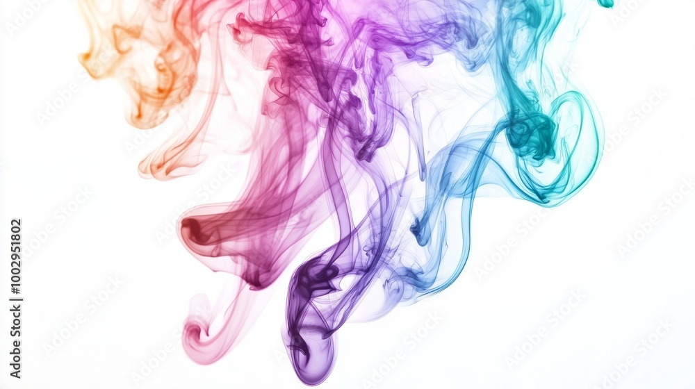 Colorful smoke gently rises and swirls on a clean white background, blending vibrant hues in mesmerizing motion, evoking creativity and imagination with hints of mystery and magic Colorful smoke gently rises and swirls on a clean white background, blending vibrant hues in mesmerizing motion, evoking creativity and imagination with hints of mystery and magic