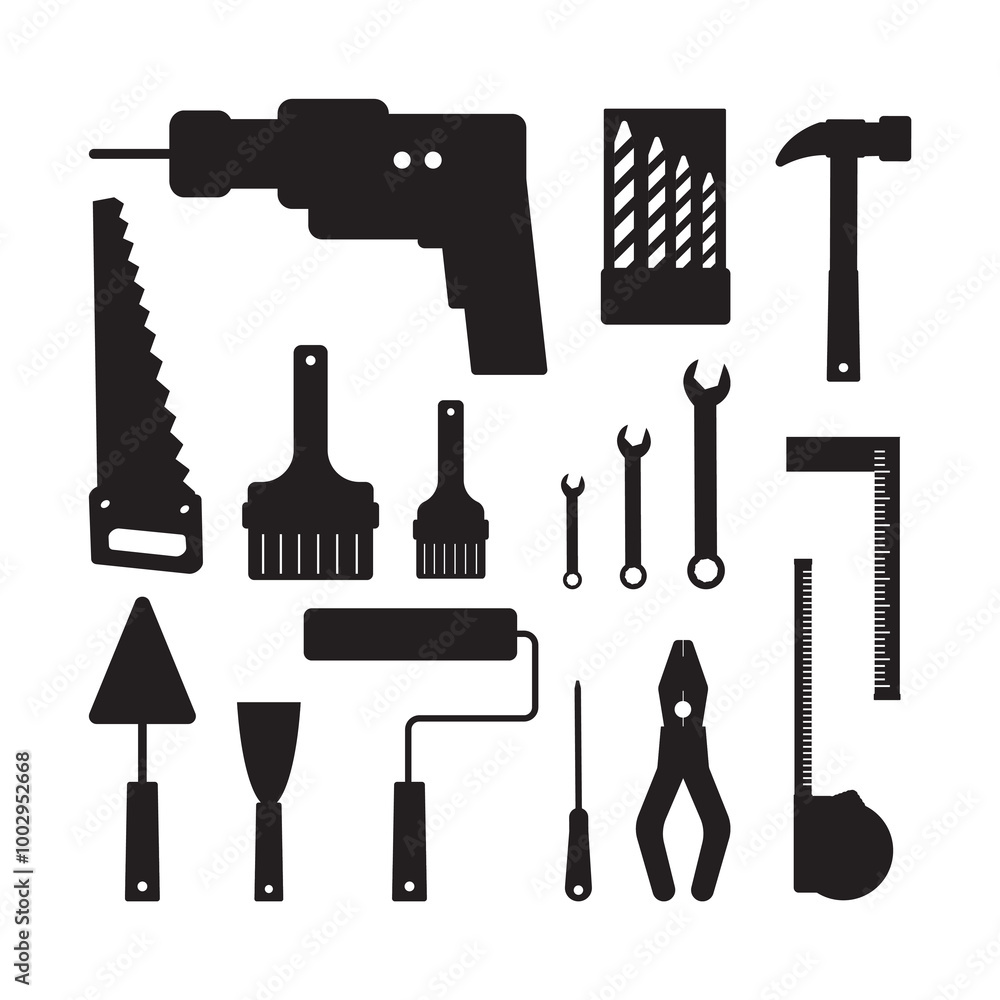 Collection of home repair tools, workman's toolkit. Set of icons building hand tools. Hammer, screwdriver, saw, pliers and others, black silhouettes isolated on white Collection of home repair tools, workman's toolkit. Set of icons building hand tools. Hammer, screwdriver, saw, pliers and others, black silhouettes isolated on white