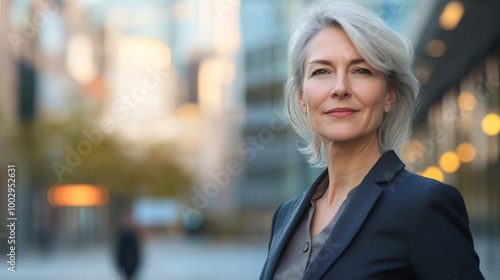 A woman in a business suit stands in front of a building