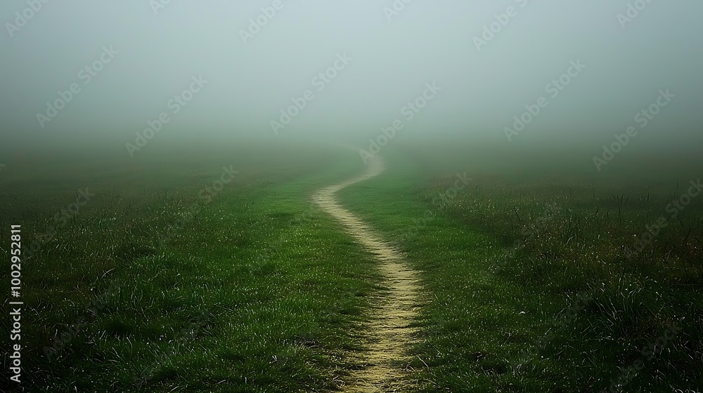 A foggy path winds through a green field, inviting a quiet, reflective journey. A foggy path winds through a green field, inviting a quiet, reflective journey.