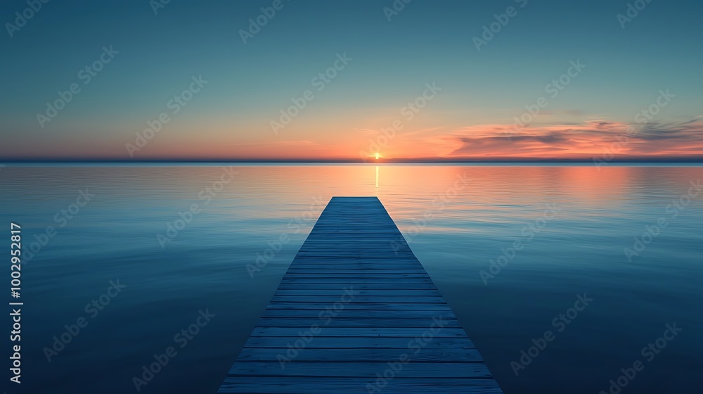 Naklejka premium A wooden dock stretches toward the sunset, water calm beneath the warm light.