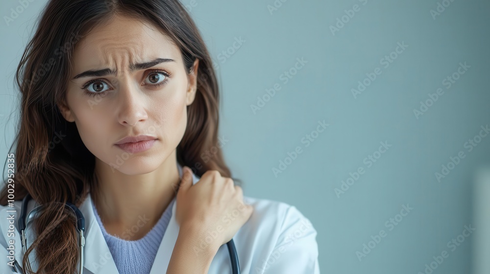 Patient with nervous expression while doctor reassures them with hand on shoulder, trust building, doctor and patient, care, consultation Patient with nervous expression while doctor reassures them with hand on shoulder, trust building, doctor and patient, care, consultation