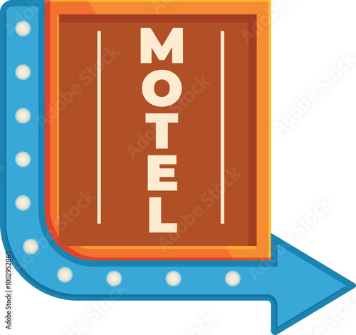 Vintage motel sign with an arrow pointing right, adorned with bright light bulbs, evokes a sense of roadside nostalgia