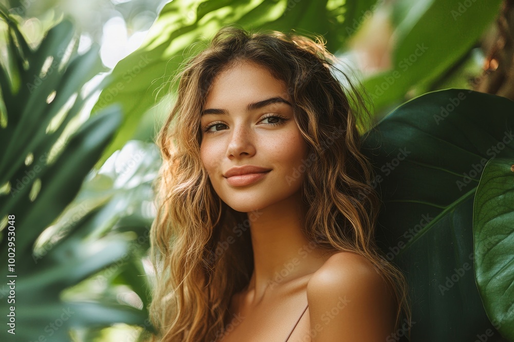 Beautiful woman standing in botanical garden, in the middle of lush green foliage, Generative AI Beautiful woman standing in botanical garden, in the middle of lush green foliage, Generative AI