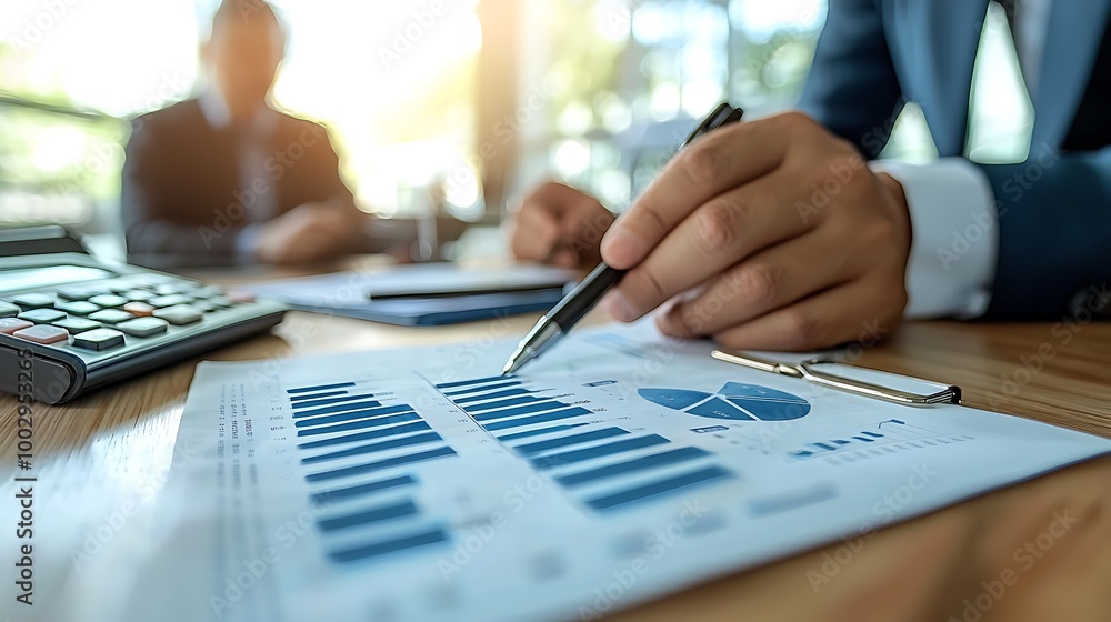 A businessman pores over charts and figures, calculating his next move with precision. A businessman pores over charts and figures, calculating his next move with precision.