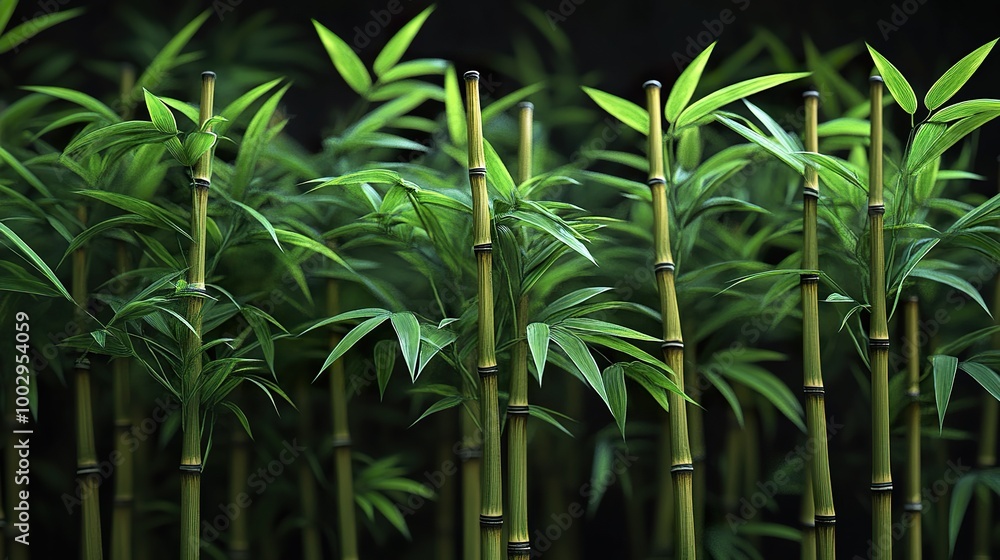 Japanese Bamboo Segmented Stalks and Lush Green Leaves Japanese Bamboo Segmented Stalks and Lush Green Leaves