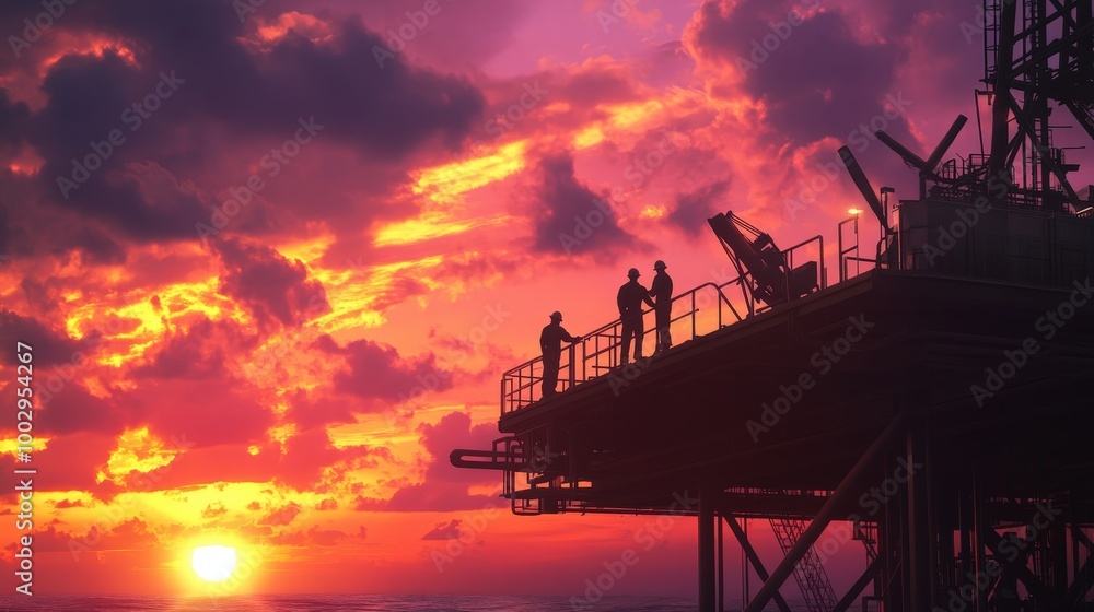 Team of Engineers Working on Oil Rig at Sunset: Embracing Collaboration and Expertise in Energy Sector Innovation Team of Engineers Working on Oil Rig at Sunset: Embracing Collaboration and Expertise in Energy Sector Innovation