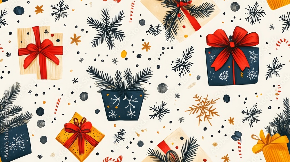 Fototapeta premium Seamless Christmas gift pattern with snowflakes, festive present boxes with bows, holiday wrapping background, Seamless Holiday Gift Pattern, Christmas Wrapping Paper Background