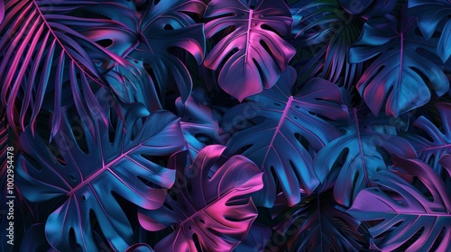 Tropical leaves in vibrant purple and blue hues create a stunning backdrop, showcasing intricate patterns and textures A captivating botanical design for various uses