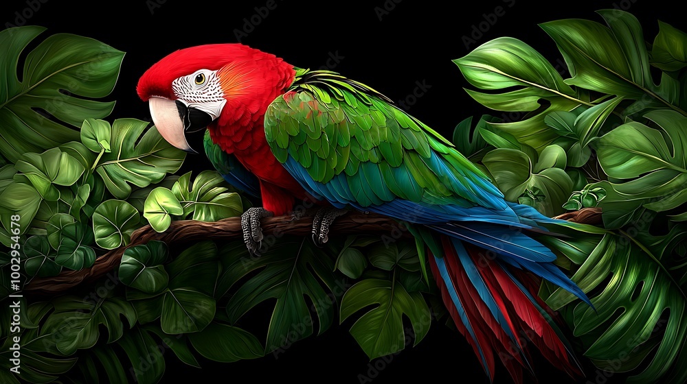 Fototapeta premium A scarlet macaw sits on a branch, surrounded by lush tropical greenery.