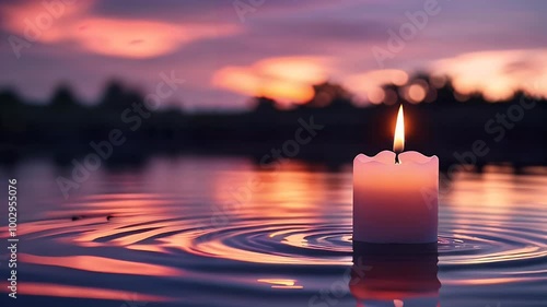 A serene candle gently floats on still water as the sun sets, casting beautiful reflections and creating a peaceful atmosphere perfect for relaxation. Mind-Body Wellness Day concept