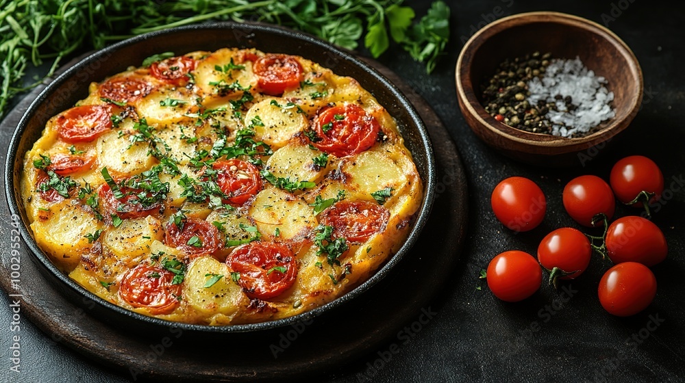 An overhead photo of a Spanish tortilla in a traditional tortilla, with parsley, on dark rustic textures with ingredients An overhead photo of a Spanish tortilla in a traditional tortilla, with parsley, on dark rustic textures with ingredients