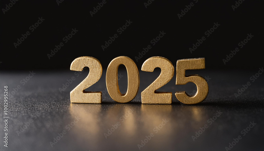 Golden number 2025 on black backdrop, Christmas light bokeh. New Year. Golden number 2025 on black backdrop, Christmas light bokeh. New Year.